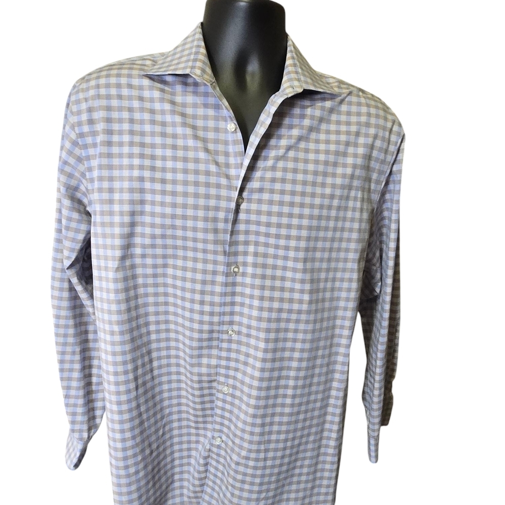 Blue and White Checkered Long-Sleeve Dress Shirt Michael Kors